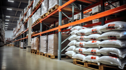 Hangar warehouse with big white polyethylene bags of industrial and logistics companies. Warehousing on floor