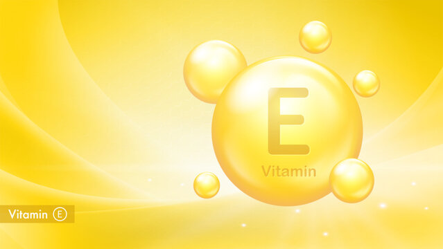 Vitamin E vector banner with drop bubbles. Medical poster of E vitamin complex. Health and beauty care. Nutritional supplements