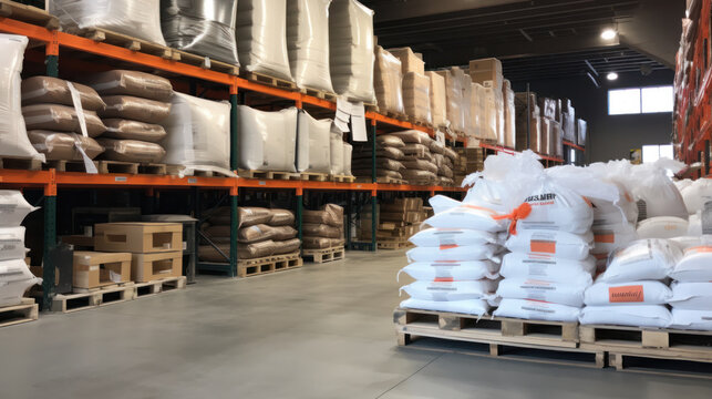 Hangar warehouse with big white polyethylene bags of industrial and logistics companies. Warehousing on floor