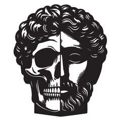 Head half made of male skull and cut of god ancient art black silhouette on transparent background for stencil, t-shirt print, vector drawing.