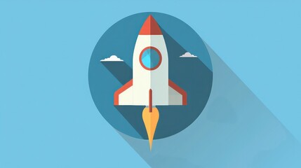 flat design icon of a space shuttle rocket encircled, enhanced by a long shadow effect