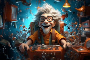 cartoon 3D man inventor controls his device