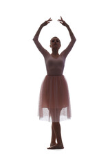 Silhouette of young ballerina dancing on white background