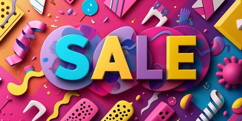 Sale banner template design, Sale word in 3d letters on colorful background with confetti and geometric shapes.
