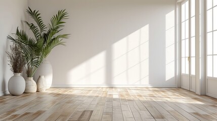 Fototapeta na wymiar A minimalist Scandinavian-style room featuring a bare white wall and wooden flooring