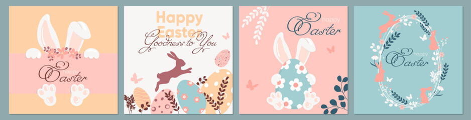 Happy Easter hand drawn festive posters, greeting cards, banners or holiday covers in flat style. Trendy vector design with cute bunny, Easter eggs, flowers, plants and text in pastel colors.