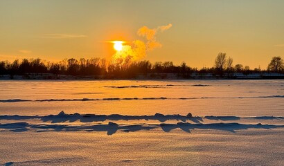 sunset over the river in winter