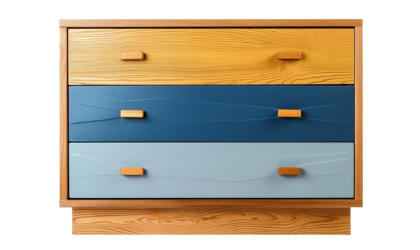  A modern, playful and eclectic chest of drawers with a curved design and bright, bold colours, offering both style and function.