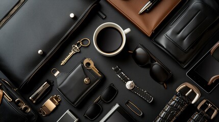 elegant collection of business-style men's accessories, including a cup of coffee, high-tech gadgets, car key, cufflinks, sunglasses, and a luxurious briefcase