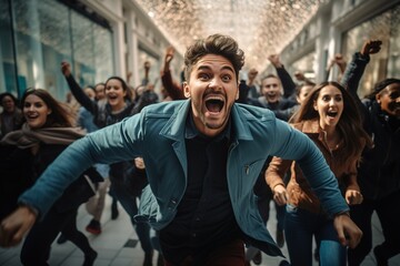 man leading a crowd obsessively running towards discounted goods in a shopping mall