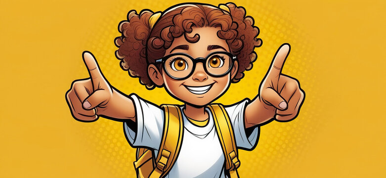 Little curly-haired girl in a white t-shirt, with a backpack behind her back, points his index fingers to the sides on a yellow background. Generated AI
