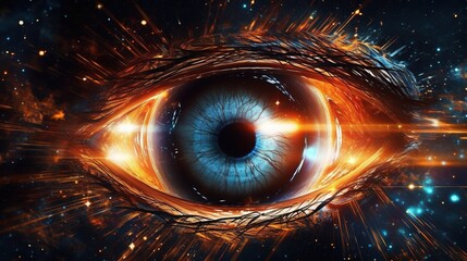 Abstract image of a blue human eye as an exploding star in deep outer space