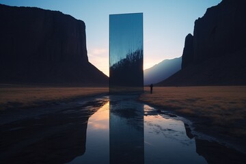 Abstract image of a glossy black monolith and a person nearby in a valley between two mountains under a sunset sky