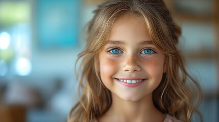 Blond hair, electric blue eyes, joyful smile of a happy little girl - obrazy, fototapety, plakaty