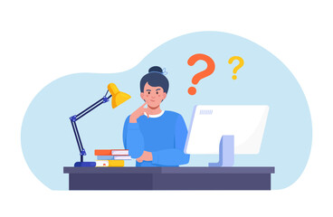 Thinking woman asking questions, searching information. Female character with question marks over head. Solving puzzle or business problem. Choice concept