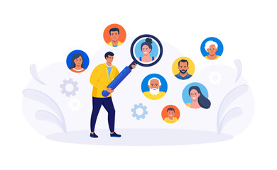 HR manager searching best candidates with magnifying glass. Job recruitment process. Finding new employee. Recruitment, hiring process. Human resources