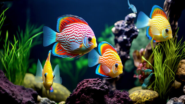 Tropical colorful fish in an aquarium with seaweed.
