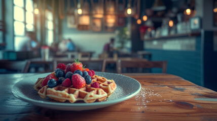 Appetizing waffles with berries - obrazy, fototapety, plakaty
