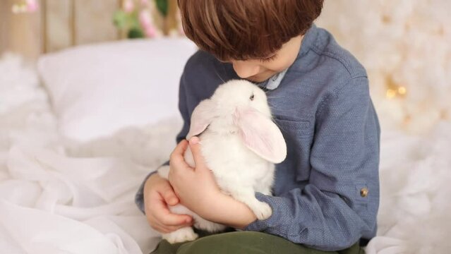 White Easter rabbit sits on the hands of a little boy, who huggs the rabbit