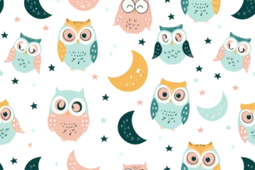 Foto op Plexiglas Pastel Owls and Moons Pattern © Аrtranq