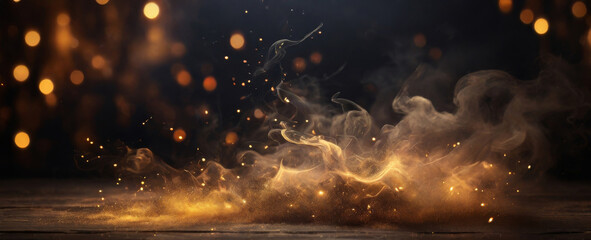 Abstract futuristic glowing smoke with golden particles