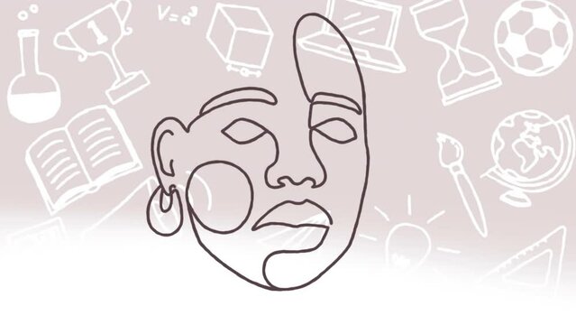 Animation of line portrait of african american face over education, communication and school icons
