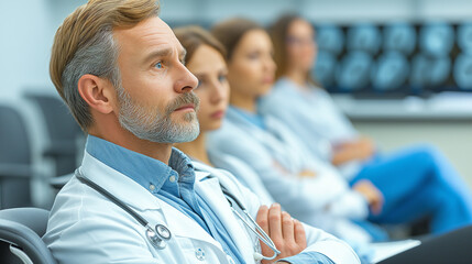 Fototapeta premium A group of healthcare professionals gathered at conference, exchanging insights and knowledge