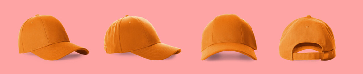 Stylish orange baseball cap on pink background, set