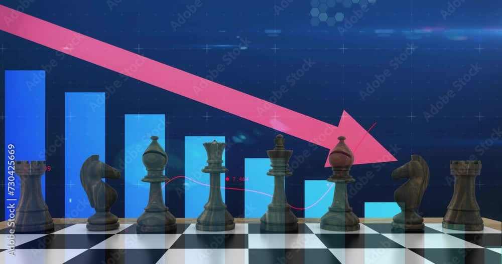 Poster animation of downward arrow, graph and processing data over chess pieces on board