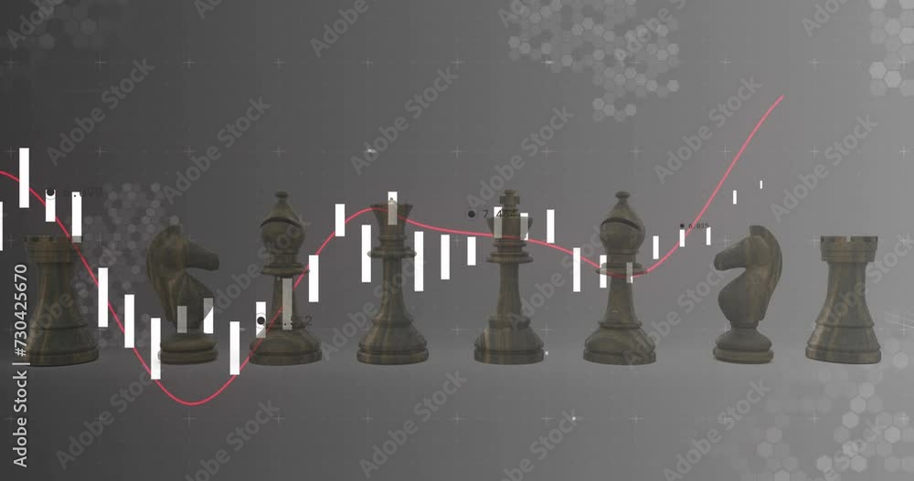 Aufkleber animation of graph processing data over chess pieces on grey background