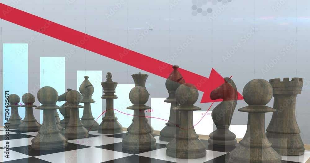 Poster animation of downward arrow, graph and processing data over chess pieces on board