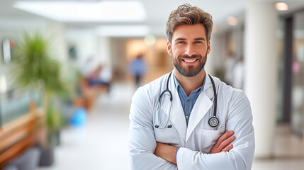 Portrait of happy professional medical doctor posing with folded arms at clinic