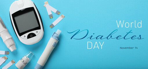 World Diabetes Day. Digital glucometer, lancet pens and test strips on light blue background, flat...
