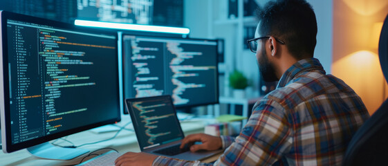 In the glow of screens, a focused programmer codes late into the night, immersed in a sea of complex algorithms