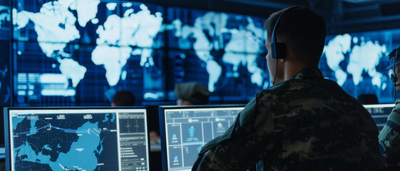 Military personnel monitoring global operations on screens, a high-tech command center scenario