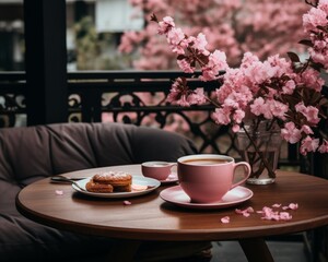 Blossoming cherry trees. coffee, croissant, and tranquil delights on a picturesque veranda