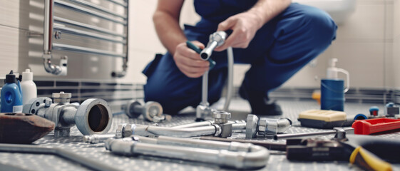 A plumber at work surrounded by tools and fittings, fixing bathroom plumbing with skillful precision - Powered by Adobe