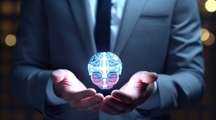 businessman is holding human brain technology