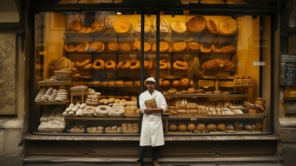 Local baker standing in his shop in front of shelves full of bread, proudly presenting his work.
