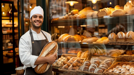Local baker standing in his shop in front of shelves full of bread, proudly presenting his work. - obrazy, fototapety, plakaty