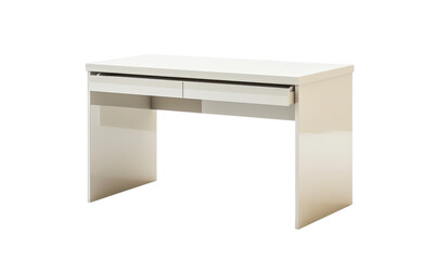 Simple white office desk with a large keyboard compartment. Transparent background.