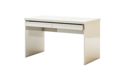 Simple white office desk with a large keyboard compartment. Transparent background.