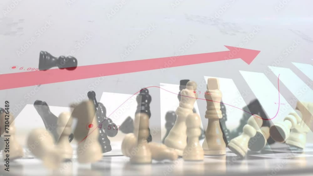 Poster animation of upward arrow, graph and processing data over chess pieces falling on board