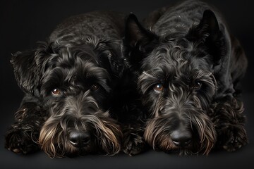 two Black Russian Terrier dogs with their tongues out on their side