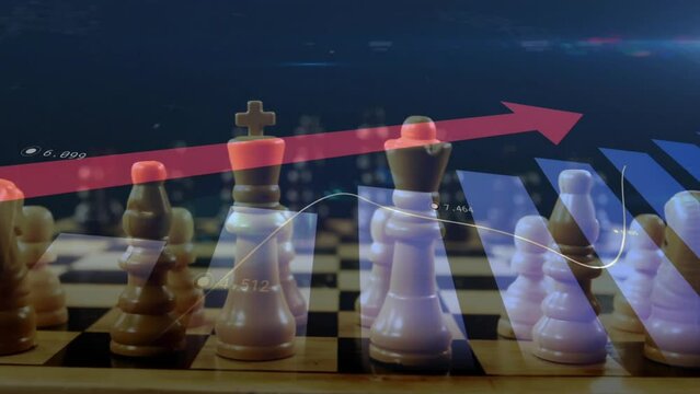 Animation of upward arrow, graph and processing data over chess pieces on board