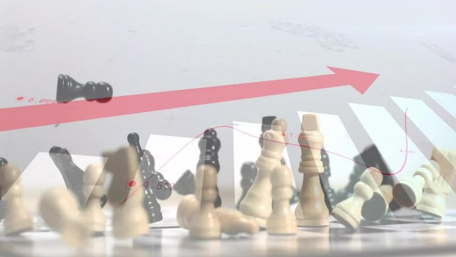 Animation of upward arrow, graph and processing data over chess pieces falling on board