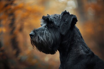 a black Russian Terrier dog, short haired dog sitting on some leaves, in the style of motion blur, , shallow depth of field