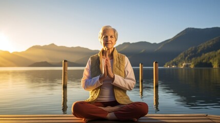 Active 75-year-old woman with gray hair practicing yoga in sportswear on a beautiful sunny morning