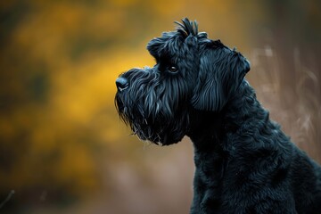 a black Russian Terrier dog, short haired dog sitting on some leaves, in the style of motion blur, , shallow depth of field