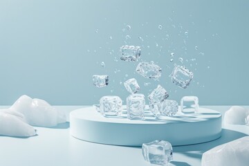 A white pedestal surrounded by ice cubes on a green background. Podium, background mockup for beauty product.